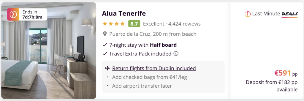 Alua Tenerife holiday from Dublin with flights included, 7-night half board stay in Puerto de la Cruz beach hotel from €591 per person.