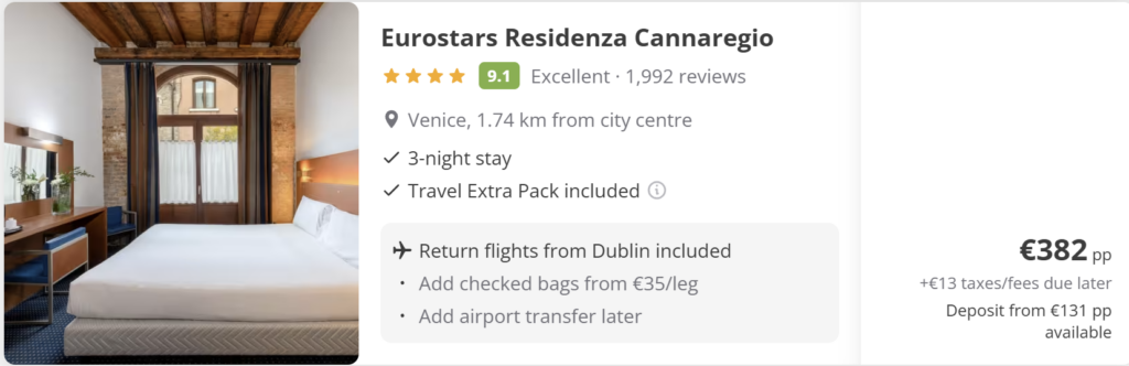 Venice from Dublin 3-night flight and hotel package at Eurostars Residenza Cannaregio, 1.74 km from Venice city centre. Return flights from Dublin included, Travel Extra Pack included, price from €382 per person. Stylish Venice city break in the Cannaregio district.