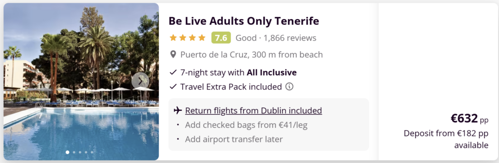 Be Live Adults Only Tenerife all inclusive holiday from Dublin with flights included, 7-night adults only hotel stay in Puerto de la Cruz near the beach from €632 per person.