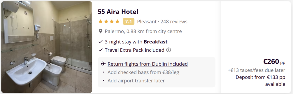 Travel deal to Palermo, Sicily from Dublin including return Ryanair flights, 3 nights at the 4-star San Paolo Palace Hotel with breakfast, price from €249 per person with deposit option available.