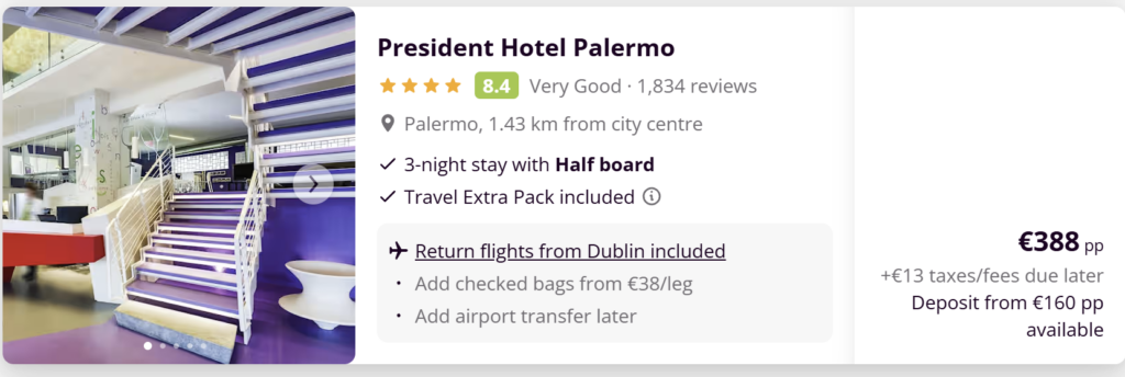 Travel deal to Palermo, Sicily from Dublin including return Ryanair flights, 3 nights at the 4-star San Paolo Palace Hotel with breakfast, price from €249 per person with deposit option available.