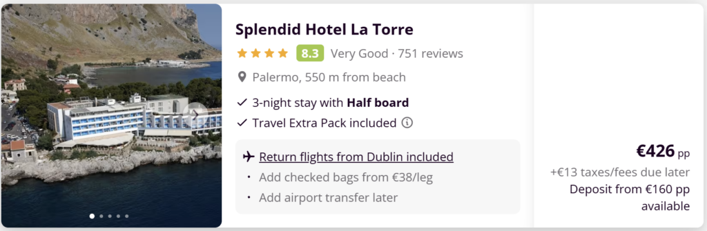 Travel deal to Palermo, Sicily from Dublin including return Ryanair flights, 3 nights at the 4-star San Paolo Palace Hotel with breakfast, price from €249 per person with deposit option available.