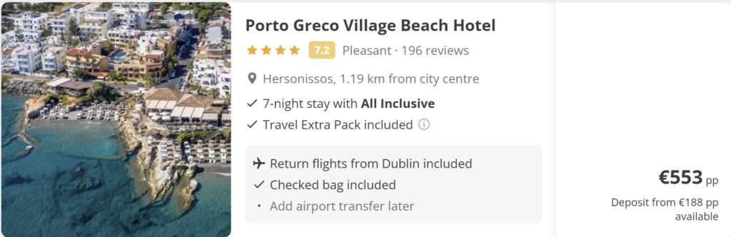 Flight from Dublin to Crete with 7-night all inclusive stay at Porto Greco Village Beach Hotel in Hersonissos – return flights and checked bag included holiday package.