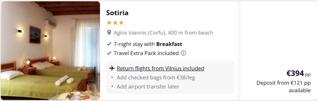 Korfu Graikija paplūdimys ir kelionės pasiūlymas iš Vilniaus su skrydžiais, 7 nakvynėmis ir pusryčiais nuo €329.