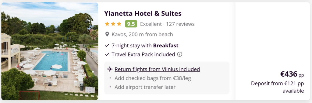 Korfu Graikija paplūdimys ir kelionės pasiūlymas iš Vilniaus su skrydžiais, 7 nakvynėmis ir pusryčiais nuo €329.