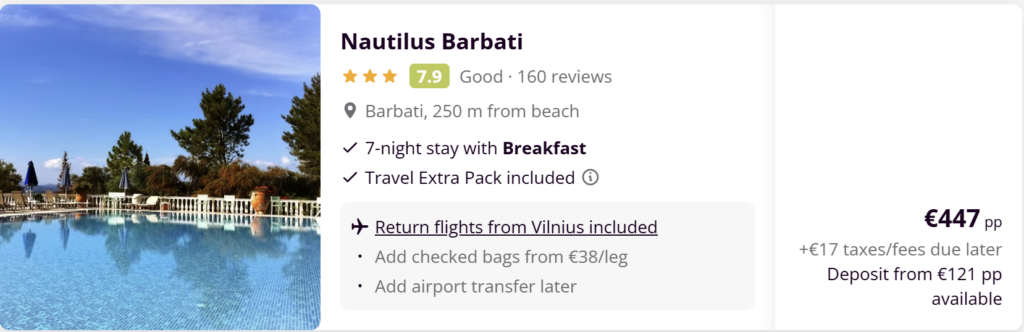 Korfu Graikija paplūdimys ir kelionės pasiūlymas iš Vilniaus su skrydžiais, 7 nakvynėmis ir pusryčiais nuo €329.