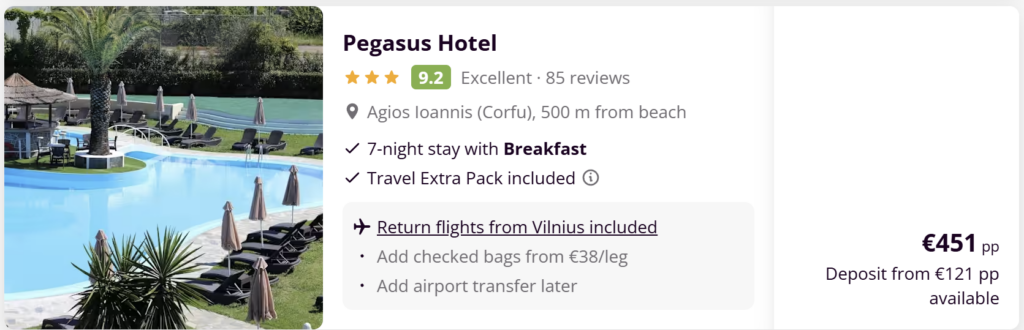 Korfu Graikija paplūdimys ir kelionės pasiūlymas iš Vilniaus su skrydžiais, 7 nakvynėmis ir pusryčiais nuo €329.