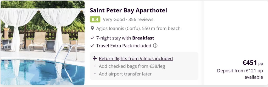 Korfu Graikija paplūdimys ir kelionės pasiūlymas iš Vilniaus su skrydžiais, 7 nakvynėmis ir pusryčiais nuo €329.