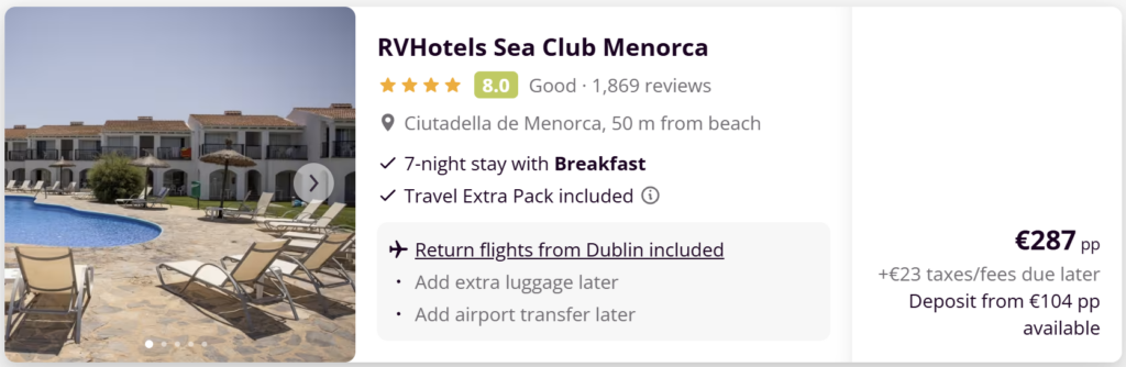 Menorca flight and hotel deal from Dublin – 7 nights 4★ hotel with breakfast