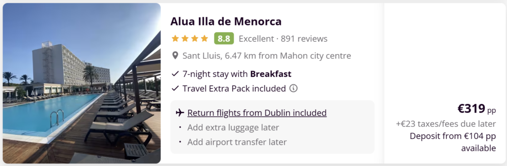 Menorca flight and hotel deal from Dublin – 7 nights 4★ hotel with breakfast