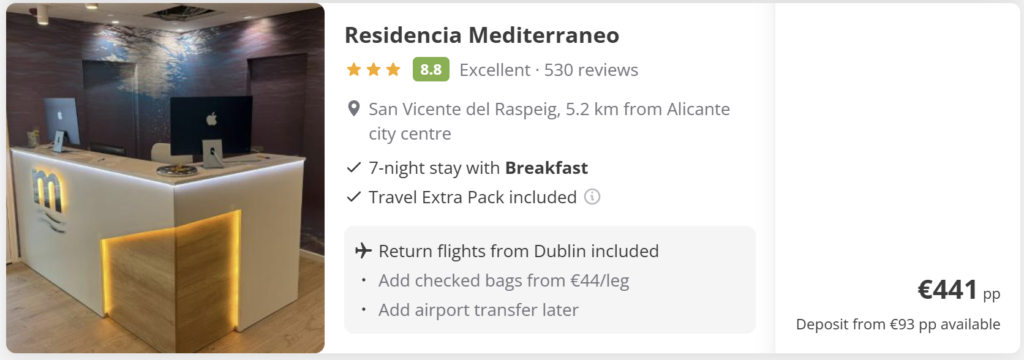 Residencia Mediterraneo in San Vicente del Raspeig near Alicante with modern reception area, 7-night stay with breakfast included plus return direct flights from Dublin (DUB) to Alicante (ALC), from €441 per person.