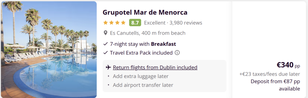 Menorca flight and hotel deal from Dublin – 7 nights 4★ hotel with breakfast