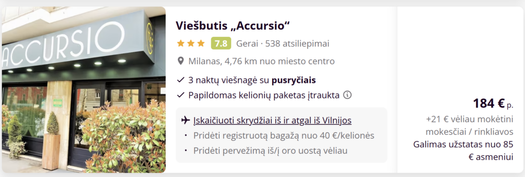 Skrydis Vilnius–Milanas su viešbučiu balandžio 13–16, kaina nuo 186 € su pusryčiais, 4★ viešbutis, pigi kelionė į Italiją, TripNest deal