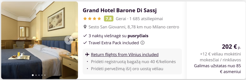 Skrydis Vilnius–Milanas su viešbučiu balandžio 13–16, kaina nuo 186 € su pusryčiais, 4★ viešbutis, pigi kelionė į Italiją, TripNest deal