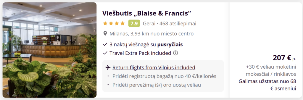 Skrydis Vilnius–Milanas su viešbučiu balandžio 13–16, kaina nuo 186 € su pusryčiais, 4★ viešbutis, pigi kelionė į Italiją, TripNest deal