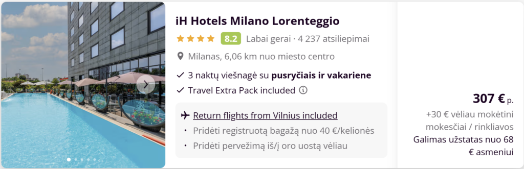 Skrydis Vilnius–Milanas su viešbučiu balandžio 13–16, kaina nuo 186 € su pusryčiais, 4★ viešbutis, pigi kelionė į Italiją, TripNest deal