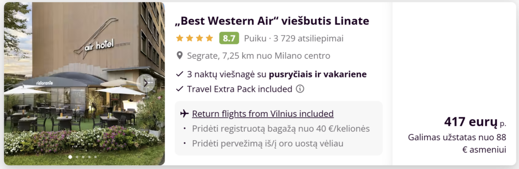Skrydis Vilnius–Milanas su viešbučiu balandžio 13–16, kaina nuo 186 € su pusryčiais, 4★ viešbutis, pigi kelionė į Italiją, TripNest deal