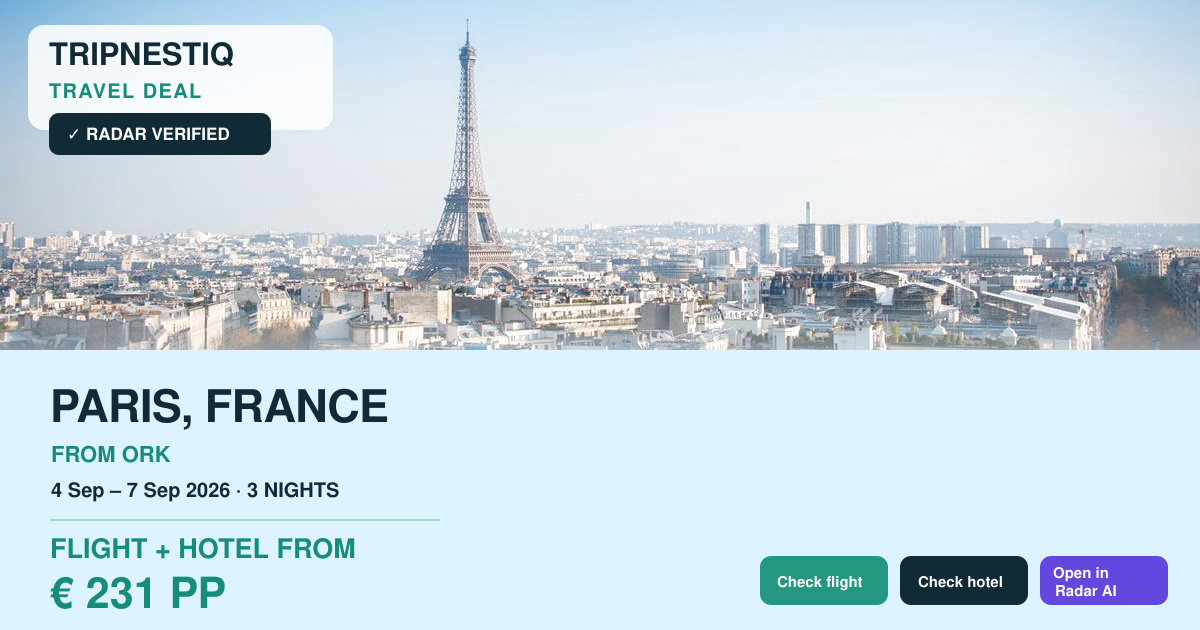 Paris from Cork — 3 nights, flight + hotel from EUR 231 pp