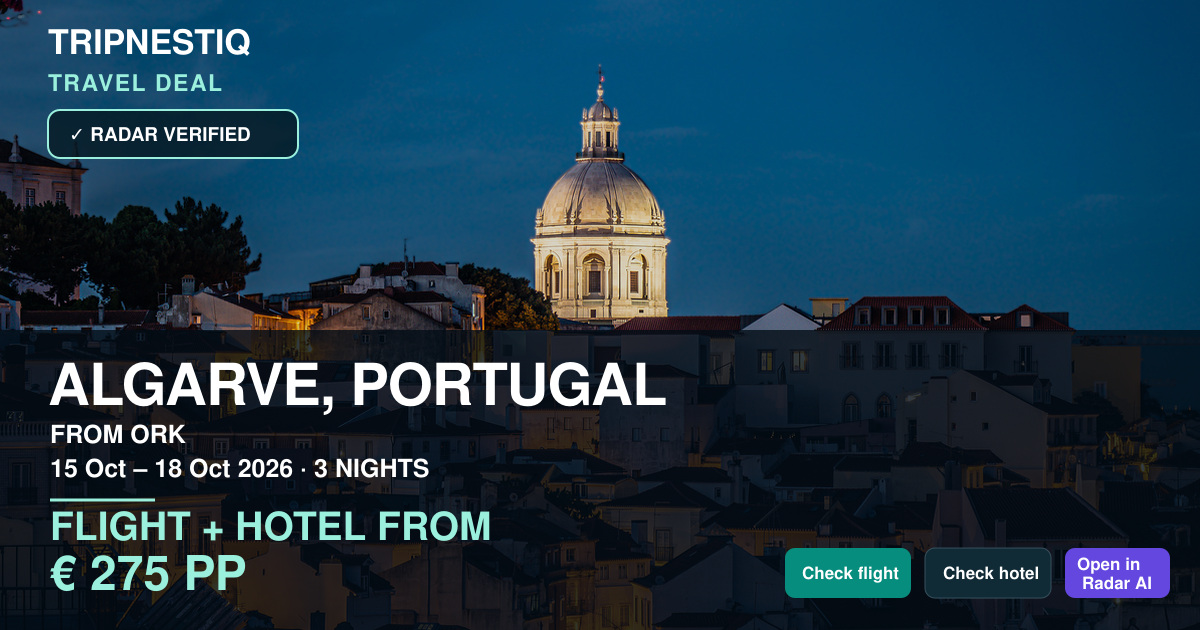 Algarve from Cork — 3 nights, flight + hotel from EUR 275 pp