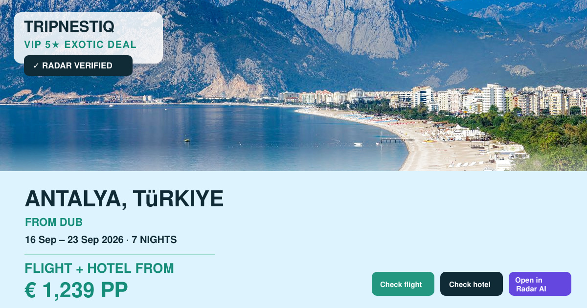 Antalya from Dublin — 7 nights, flight + hotel from EUR 1,239 pp
