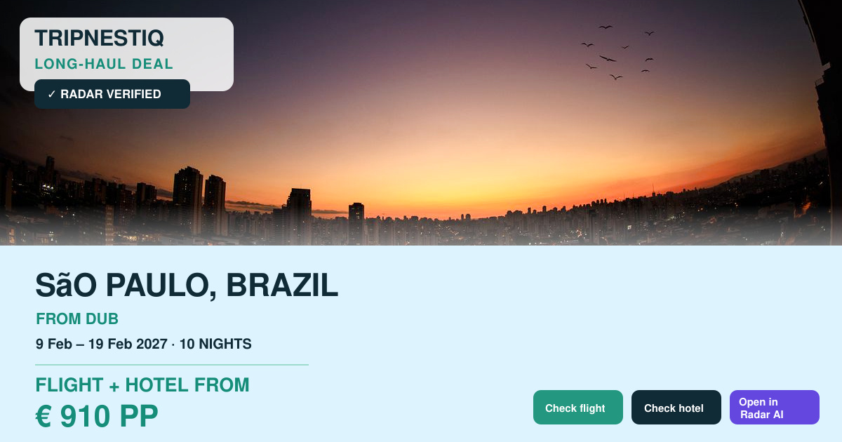 São Paulo from Dublin — 10 nights, flight + hotel from EUR 910 pp