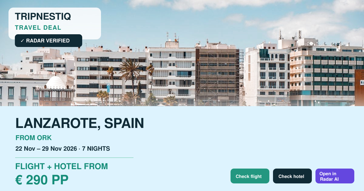 Lanzarote from Cork — 7 nights, flight + hotel from EUR 290 pp
