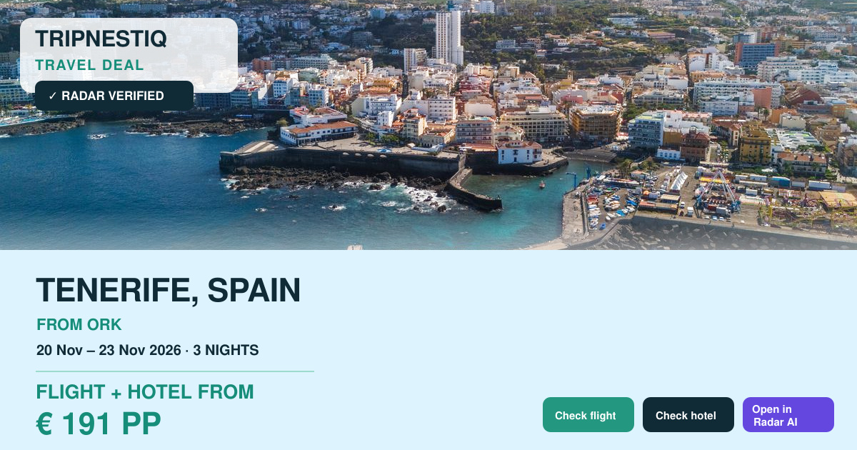 Tenerife from Cork — 3 nights, flight + hotel from EUR 191 pp
